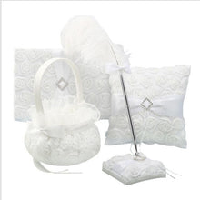 Load image into Gallery viewer, Elegant white rose set (Guest book, Flower Basket, Pen Holder, Ring Pillow, Feather Pen)