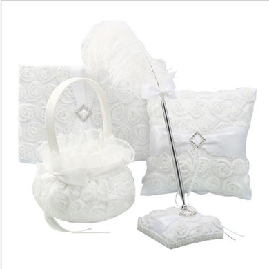 Elegant white rose set (Guest book, Flower Basket, Pen Holder, Ring Pillow, Feather Pen)