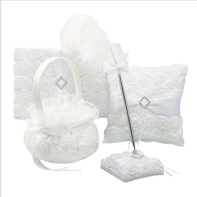 Elegant white rose set (Guest book, Flower Basket, Pen Holder, Ring Pillow, Feather Pen)
