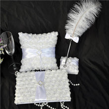 Load image into Gallery viewer, Elegant white rose set (Guest book, Flower Basket, Pen Holder, Ring Pillow, Feather Pen)